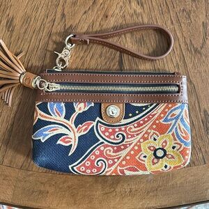 Spartina Elfrida Navy Blue Paisley Linen Leather Tassel Wristlet